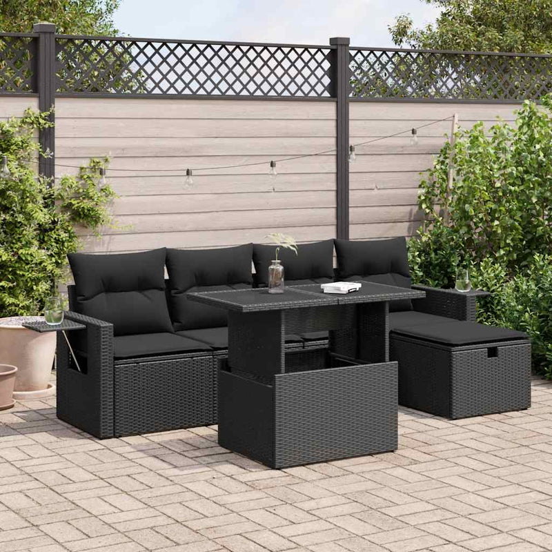 6 Piece Garden Sofa Set with Cushions Black Poly Rattan