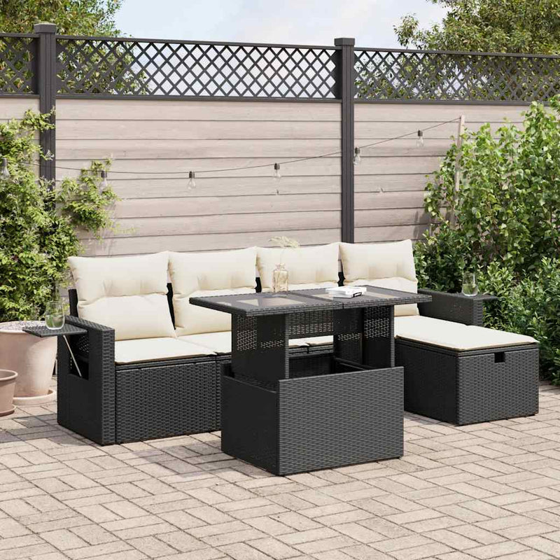 6 Piece Garden Sofa Set with Cushions Black Poly Rattan