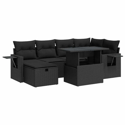 7 Piece Garden Sofa Set with Cushions Black Poly Rattan