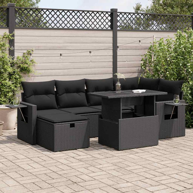 7 Piece Garden Sofa Set with Cushions Black Poly Rattan