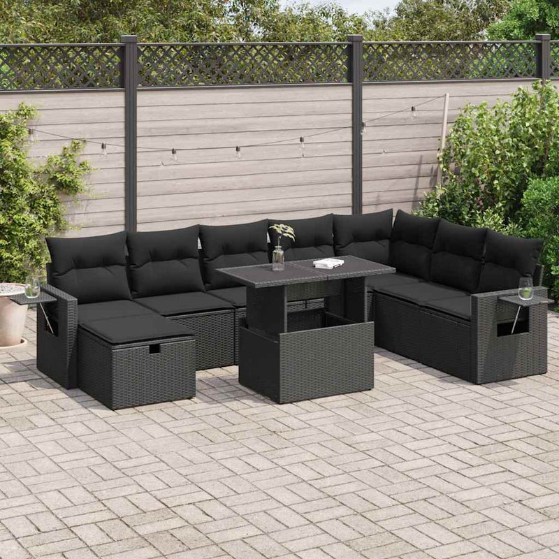 9 Piece Garden Sofa Set with Cushions Black Poly Rattan