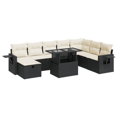 9 Piece Garden Sofa Set with Cushions Black Poly Rattan