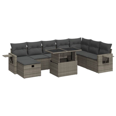 9 Piece Garden Sofa Set with Cushions Grey Poly Rattan