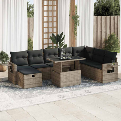 9 Piece Garden Sofa Set with Cushions Grey Poly Rattan