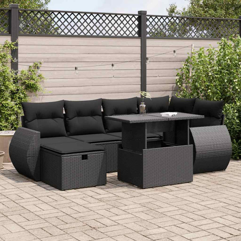 7 Piece Garden Sofa Set with Cushions Black Poly Rattan