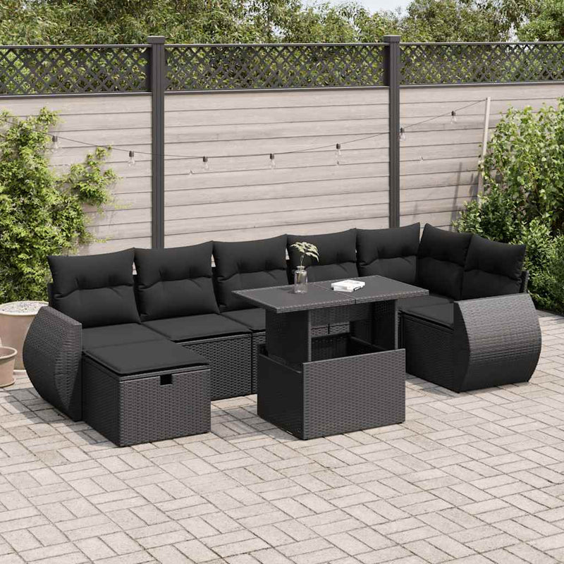 8 Piece Garden Sofa Set with Cushions Black Poly Rattan