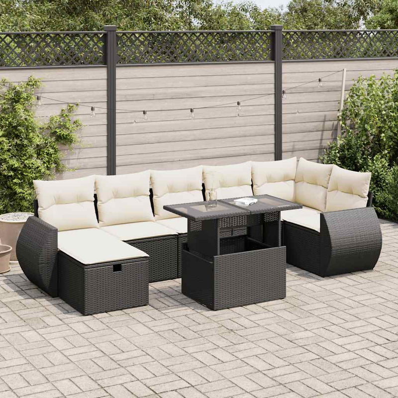 8 Piece Garden Sofa Set with Cushions Black Poly Rattan