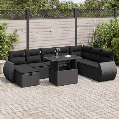 9 Piece Garden Sofa Set with Cushions Black Poly Rattan