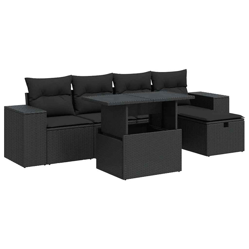 6 Piece Garden Sofa Set with Cushions Black Poly Rattan