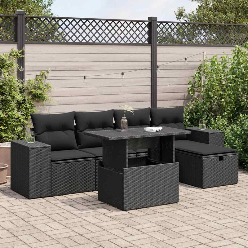 6 Piece Garden Sofa Set with Cushions Black Poly Rattan