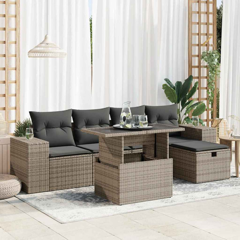 6 Piece Garden Sofa Set with Cushions Grey Poly Rattan