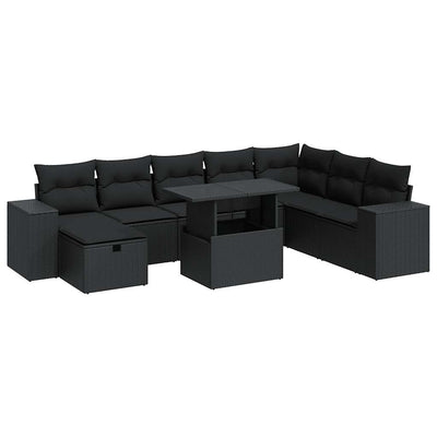 9 Piece Garden Sofa Set with Cushions Black Poly Rattan