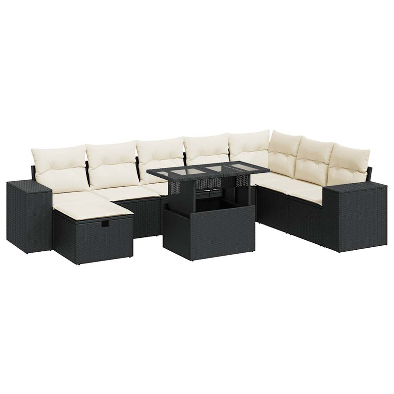 9 Piece Garden Sofa Set with Cushions Black Poly Rattan