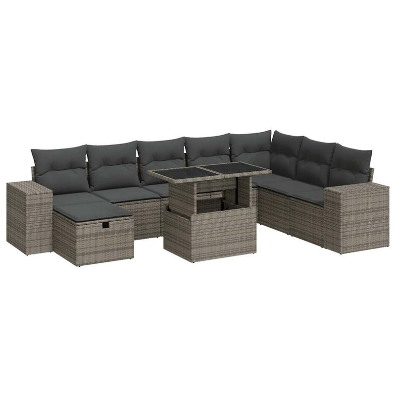 9 Piece Garden Sofa Set with Cushions Grey Poly Rattan