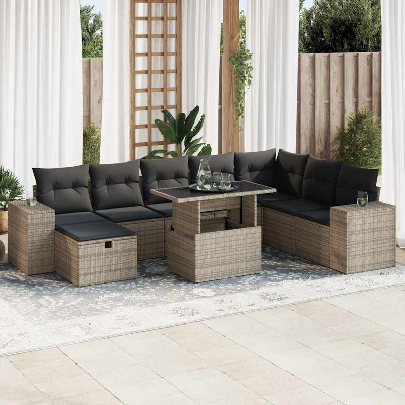 9 Piece Garden Sofa Set with Cushions Grey Poly Rattan