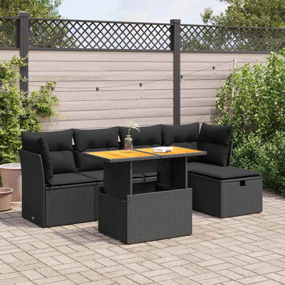 6 Piece Garden Sofa Set with Cushions Black Poly Rattan Acacia