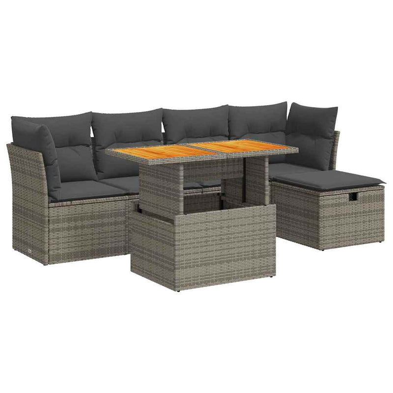 6 Piece Garden Sofa Set with Cushions Grey Poly Rattan Acacia