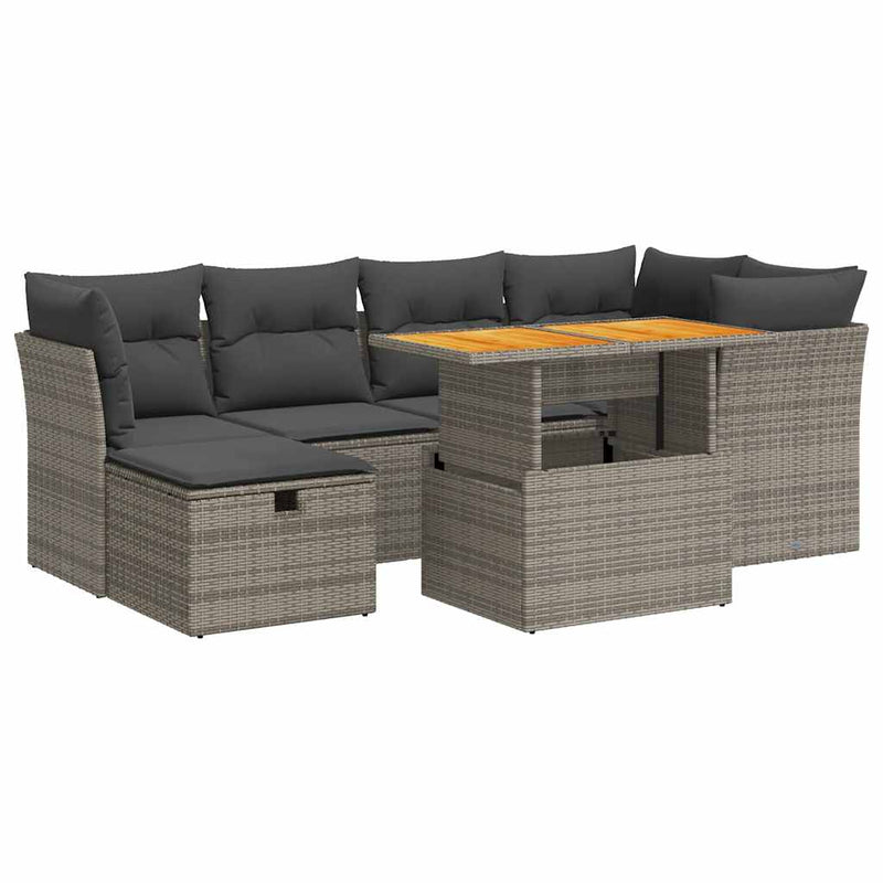 7 Piece Garden Sofa Set with Cushions Grey Poly Rattan Acacia