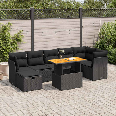 8 Piece Garden Sofa Set with Cushions Black Poly Rattan Acacia