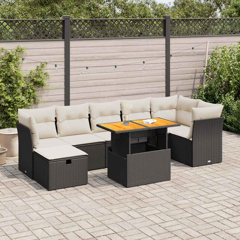 8 Piece Garden Sofa Set with Cushions Black Poly Rattan Acacia