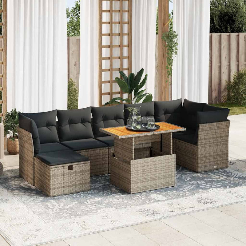 8 Piece Garden Sofa Set with Cushions Grey Poly Rattan Acacia