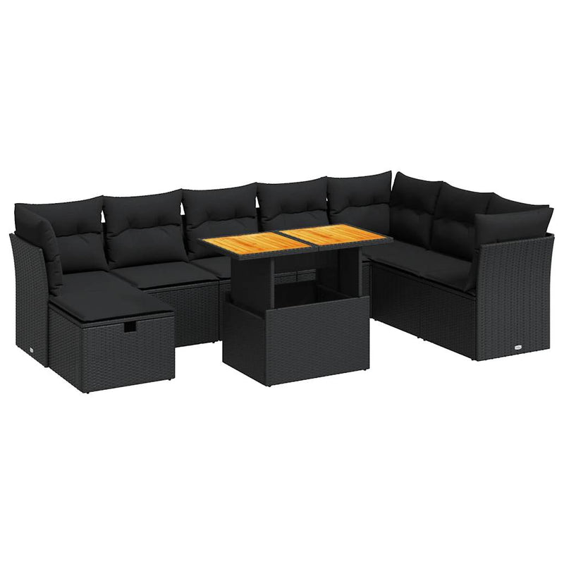 9 Piece Garden Sofa Set with Cushions Black Poly Rattan Acacia