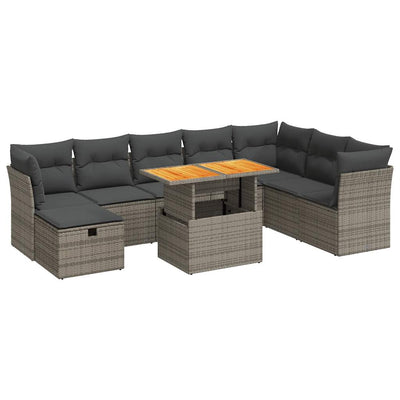 9 Piece Garden Sofa Set with Cushions Grey Poly Rattan Acacia