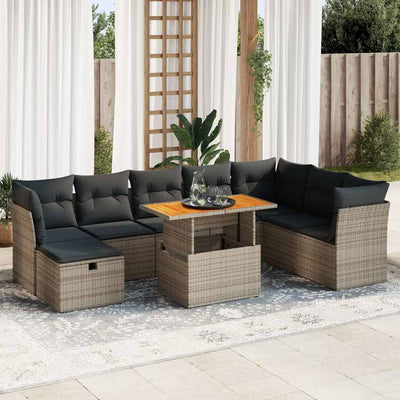 9 Piece Garden Sofa Set with Cushions Grey Poly Rattan Acacia