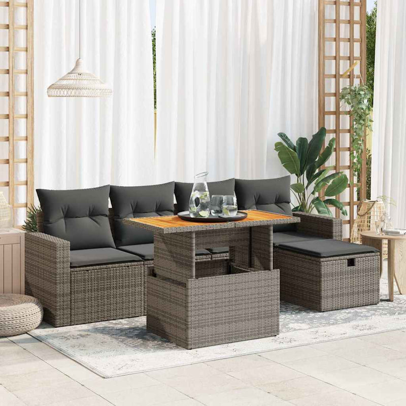 6 Piece Garden Sofa Set with Cushions Grey Poly Rattan Acacia