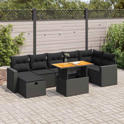 5 Piece Garden Sofa Set with Cushions Black Poly Rattan Acacia