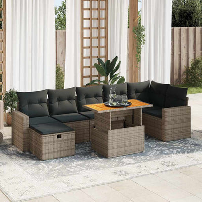 5 Piece Garden Sofa Set with Cushions Grey Poly Rattan Acacia