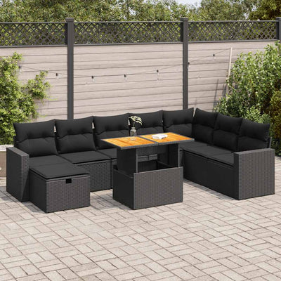 9 Piece Garden Sofa Set with Cushions Black Poly Rattan Acacia