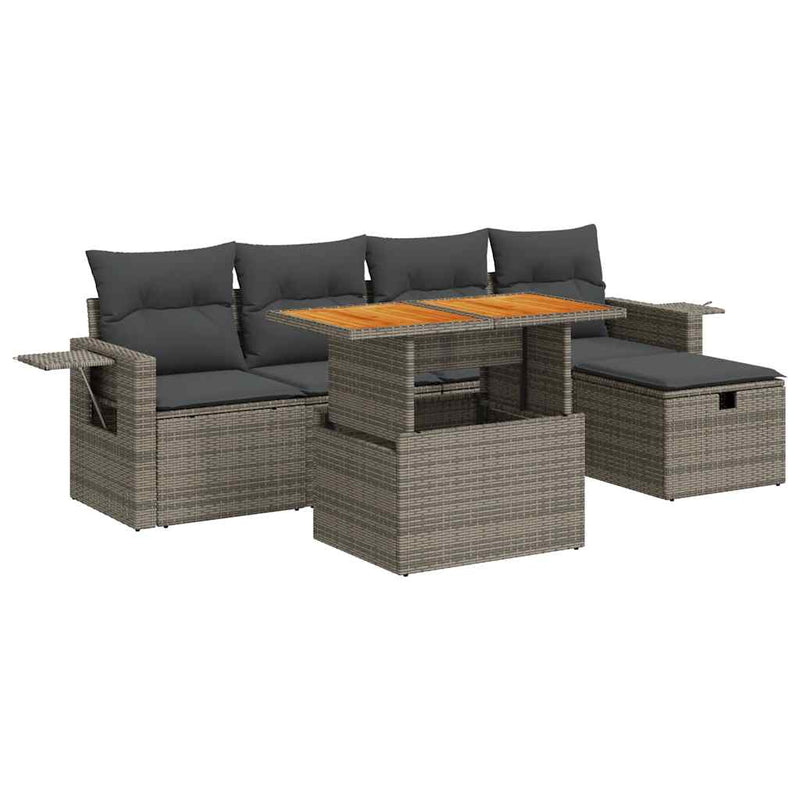 6 Piece Garden Sofa Set with Cushions Grey Poly Rattan Acacia