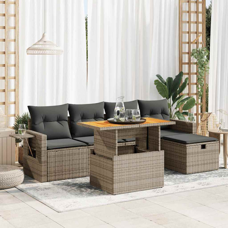 6 Piece Garden Sofa Set with Cushions Grey Poly Rattan Acacia