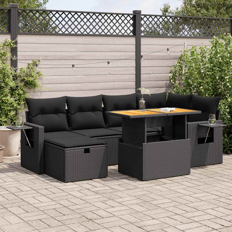 8 Piece Garden Sofa Set with Cushions Black Poly Rattan Acacia