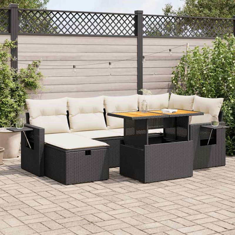 8 Piece Garden Sofa Set with Cushions Black Poly Rattan Acacia