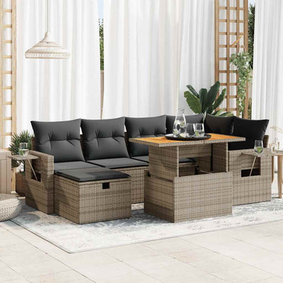 8 Piece Garden Sofa Set with Cushions Grey Poly Rattan Acacia