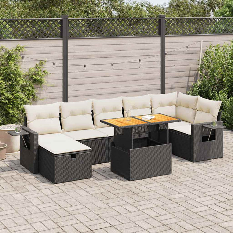 5 Piece Garden Sofa Set with Cushions Black Poly Rattan Acacia