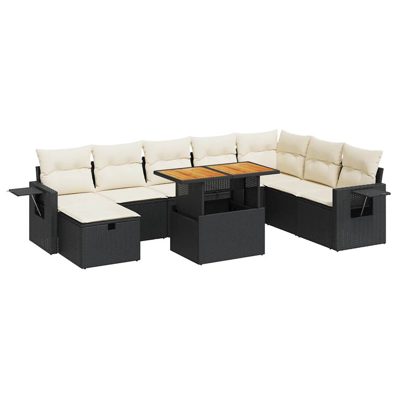 9 Piece Garden Sofa Set with Cushions Black Poly Rattan Acacia