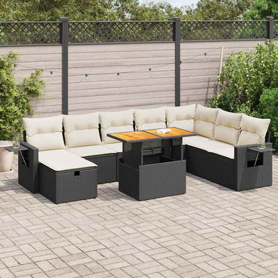 9 Piece Garden Sofa Set with Cushions Black Poly Rattan Acacia