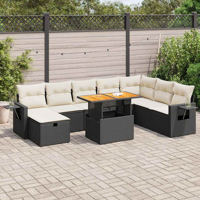 9 Piece Garden Sofa Set with Cushions Black Poly Rattan Acacia