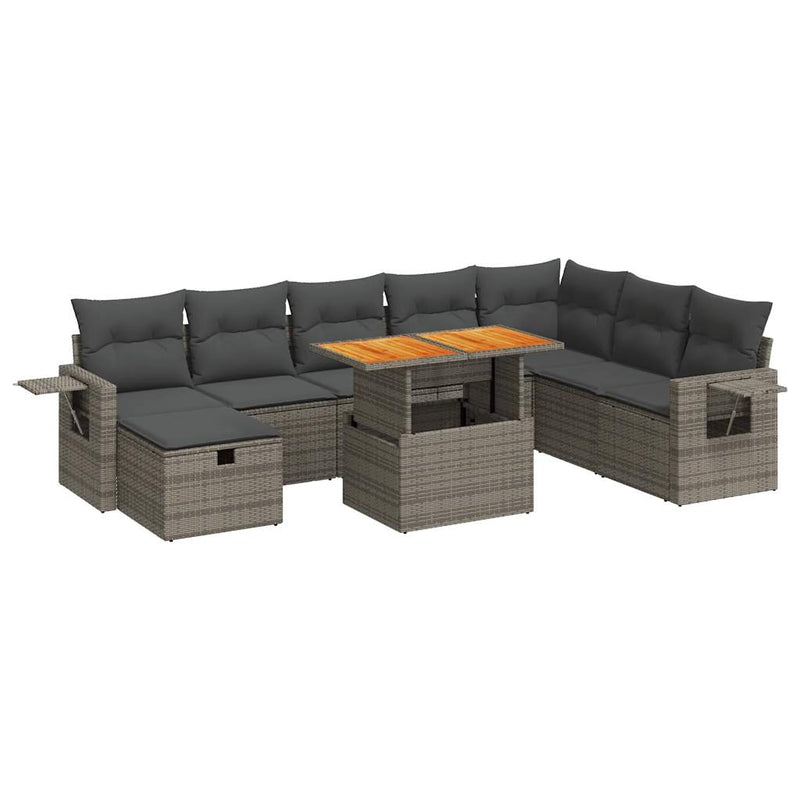 9 Piece Garden Sofa Set with Cushions Grey Poly Rattan Acacia