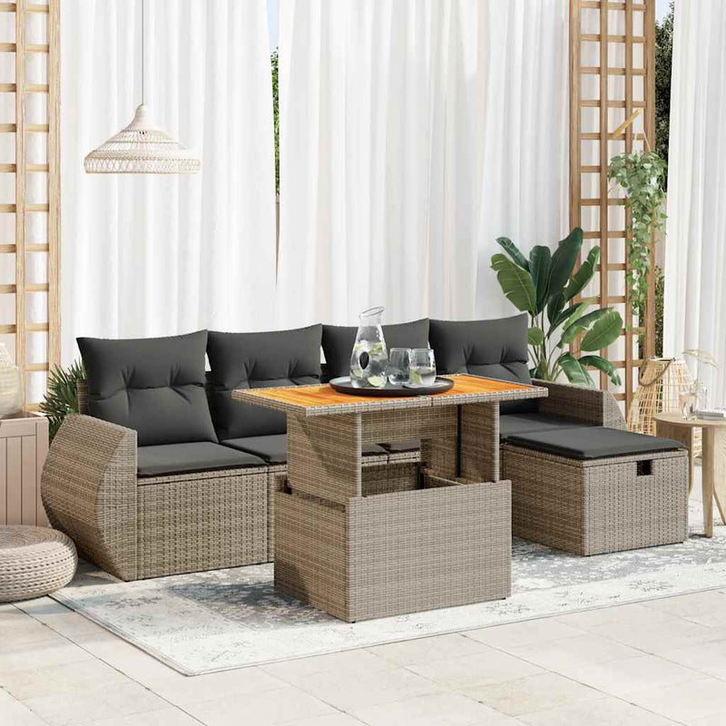 6 Piece Garden Sofa Set with Cushions Grey Poly Rattan Acacia