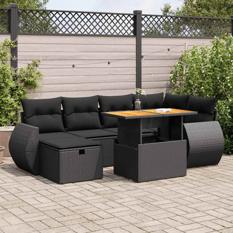 8 Piece Garden Sofa Set with Cushions Black Poly Rattan Acacia