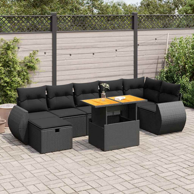 5 Piece Garden Sofa Set with Cushions Black Poly Rattan Acacia