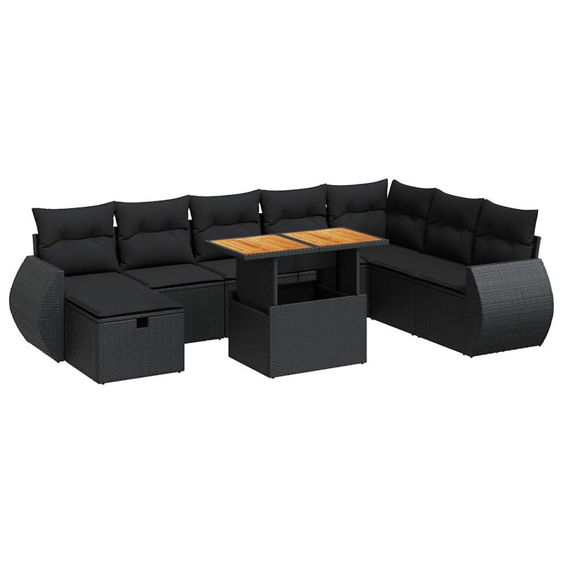 9 Piece Garden Sofa Set with Cushions Black Poly Rattan Acacia