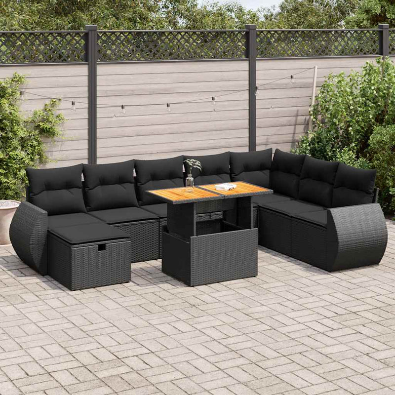 9 Piece Garden Sofa Set with Cushions Black Poly Rattan Acacia