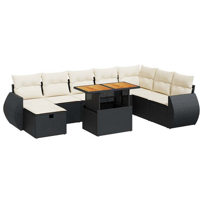 9 Piece Garden Sofa Set with Cushions Black Poly Rattan Acacia