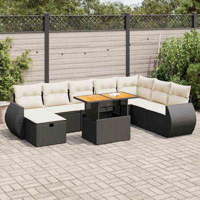 9 Piece Garden Sofa Set with Cushions Black Poly Rattan Acacia