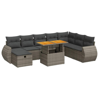 9 Piece Garden Sofa Set with Cushions Grey Poly Rattan Acacia